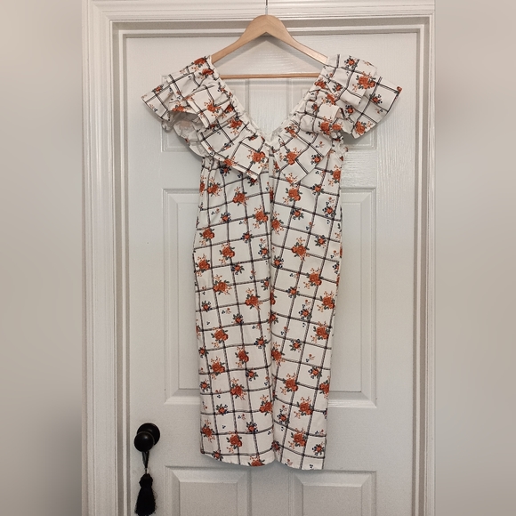 Zara Floral plaid ruffle Cap sleeves Orange Blue print flowers Size Large - Picture 10 of 11